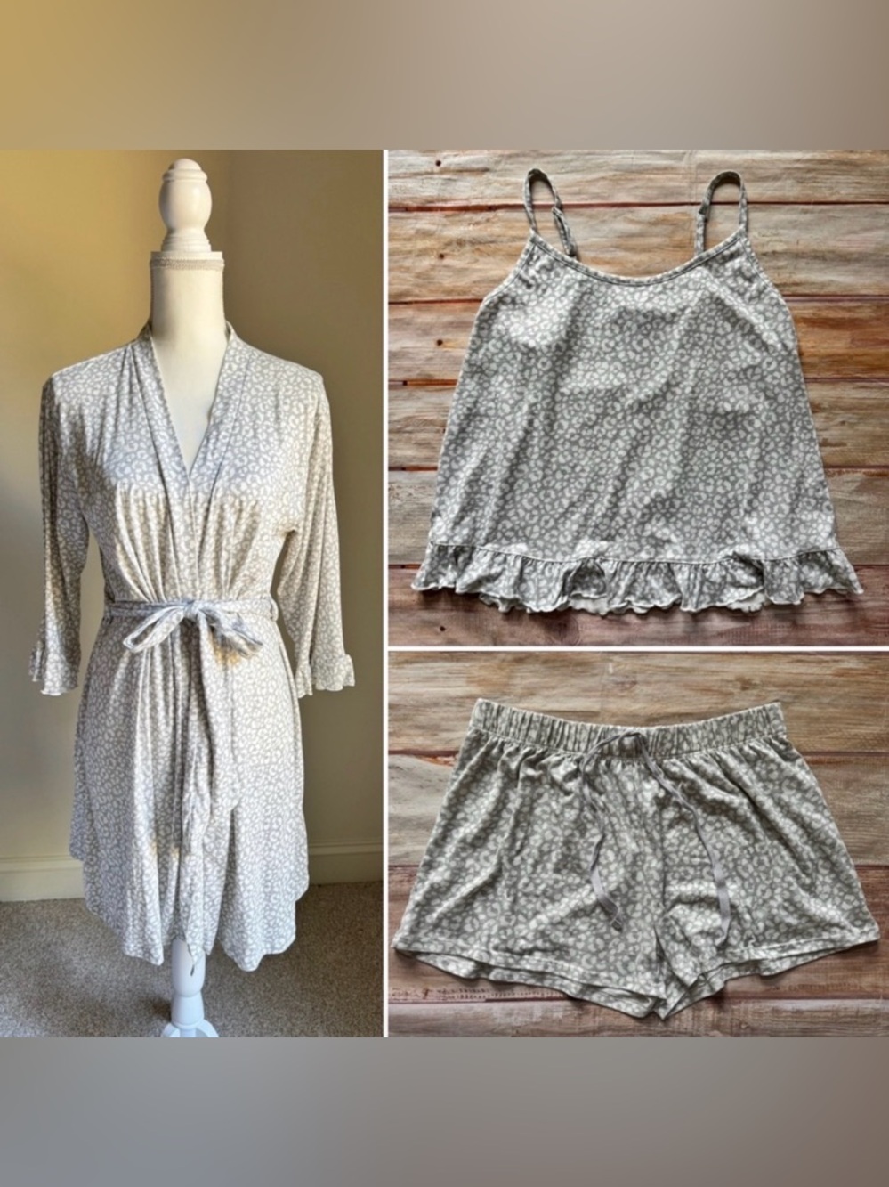 RENE ROFE Gray & White Animal Print Short Pajama/Robe Lingerie Set Sz S